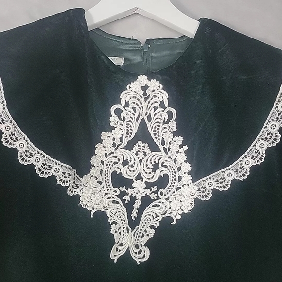 Vintage 80s Gunne Sax Green Velvet Midi Dress 7 Lace Bib Collar Flare Hem - Picture 5 of 12
